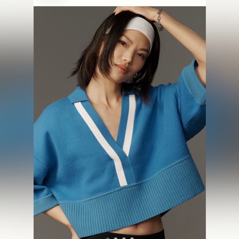 NWT Anthropologie Maeve boxy elbow cropped v neck collared short sleeve sweater
